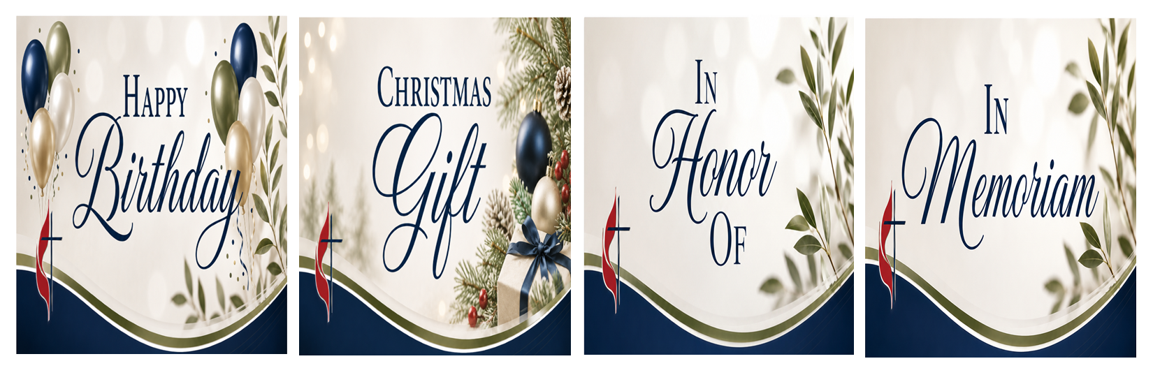 Sample celebration cards for birthday, Christmas, and memorial gifts